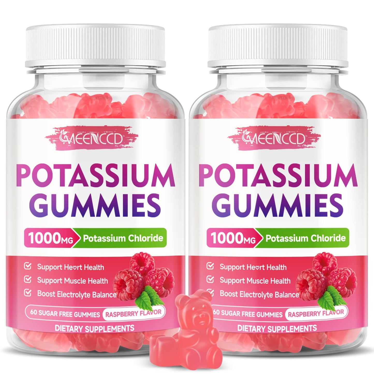 2 Pack Potassium Gummies 1000mg – Sugar-Free Raspberry (120 Count)