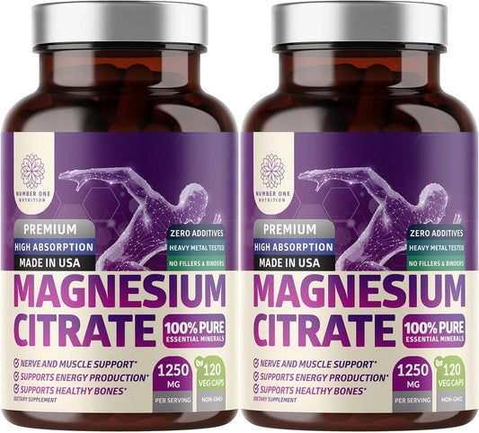2-Pack Magnesium Citrate Capsules 1250mg | Muscle & Digestive Support - 240 Caps BritishVita | Premium UK Vitamins & Wellness Supplements