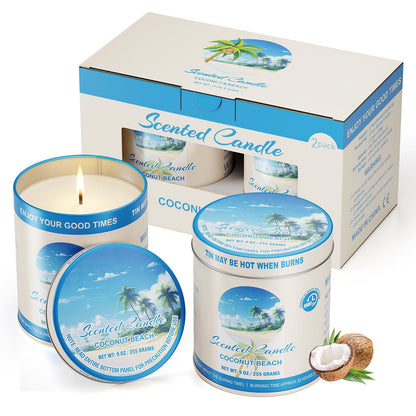 2 Pack Scented Candles – 90 Total Burn Hours – 9 oz Soy Wax Tin – Coconut Beach Gift Set