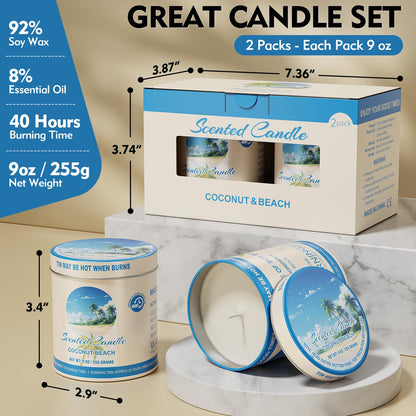 2 Pack Scented Candles – 90 Total Burn Hours – 9 oz Soy Wax Tin – Coconut Beach Gift Set