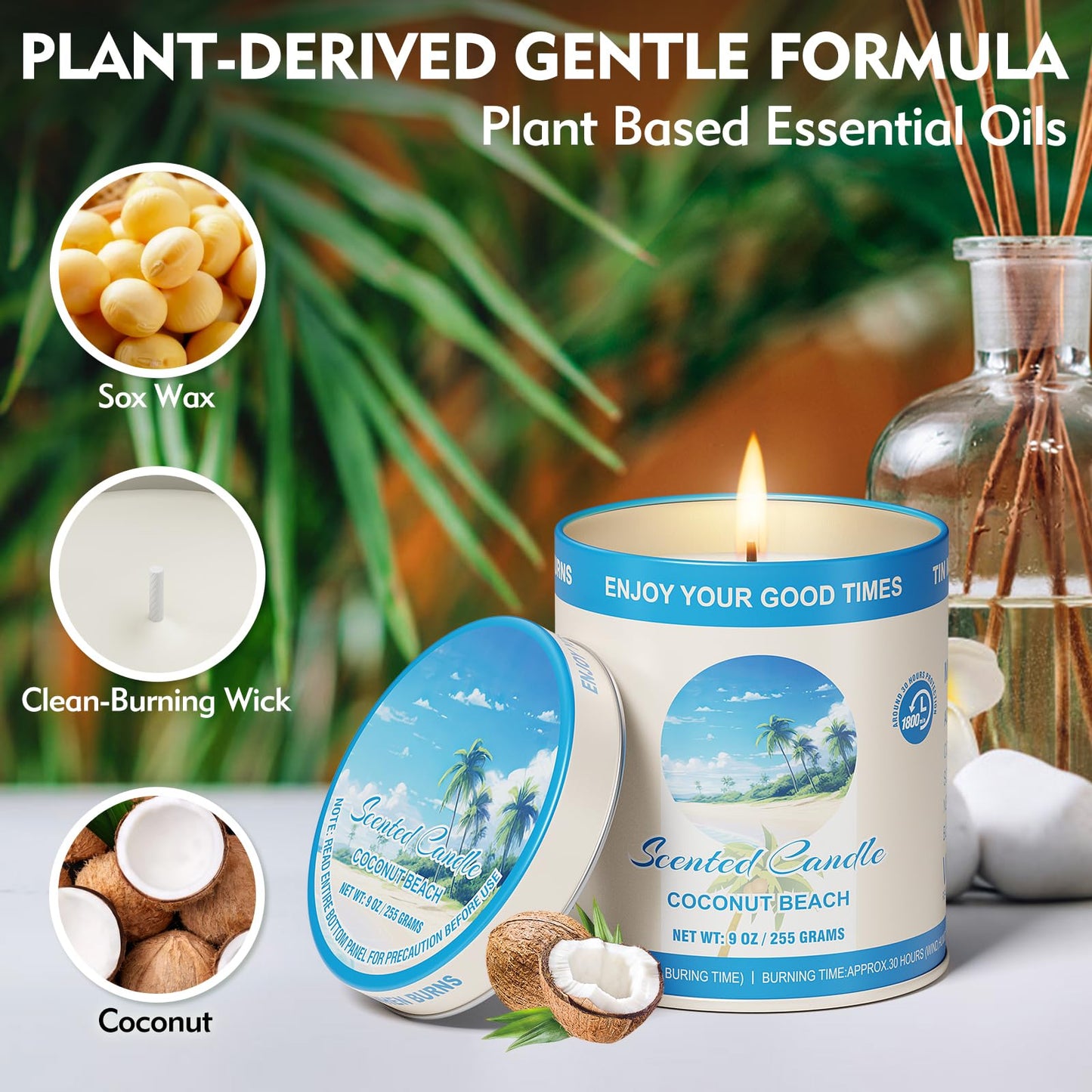 2 Pack Scented Candles – 90 Total Burn Hours – 9 oz Soy Wax Tin – Coconut Beach Gift Set