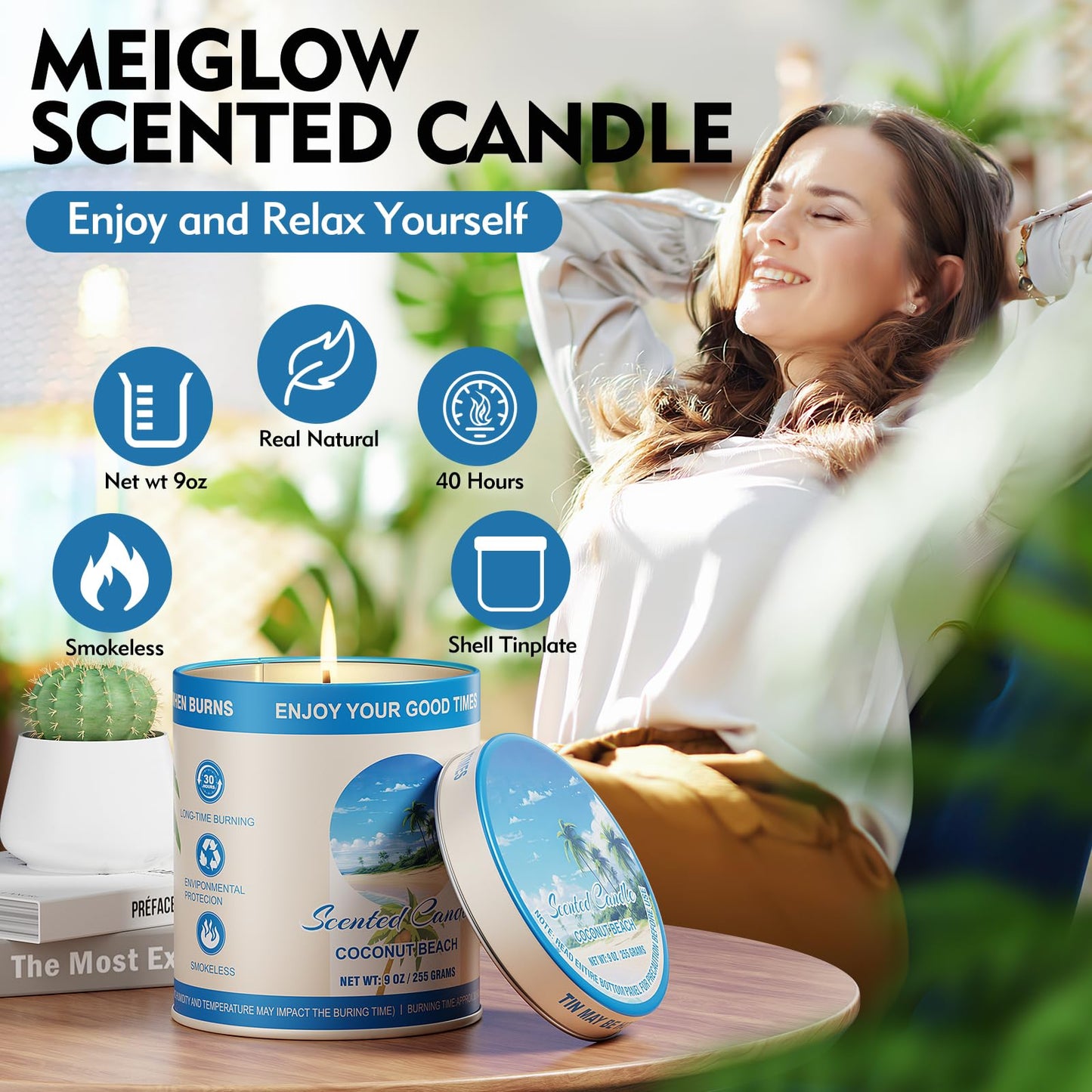 2 Pack Scented Candles – 90 Total Burn Hours – 9 oz Soy Wax Tin – Coconut Beach Gift Set
