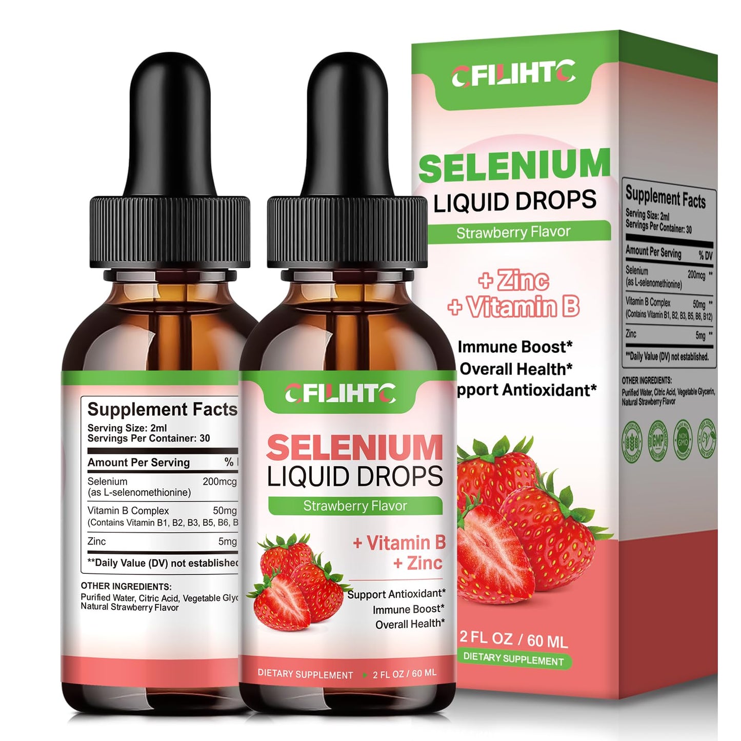 2 Pack Selenium Liquid Drops - 200mcg, Vitamin B Complex & Zinc, Strawberry Flavor | Immune Support & Heart Health