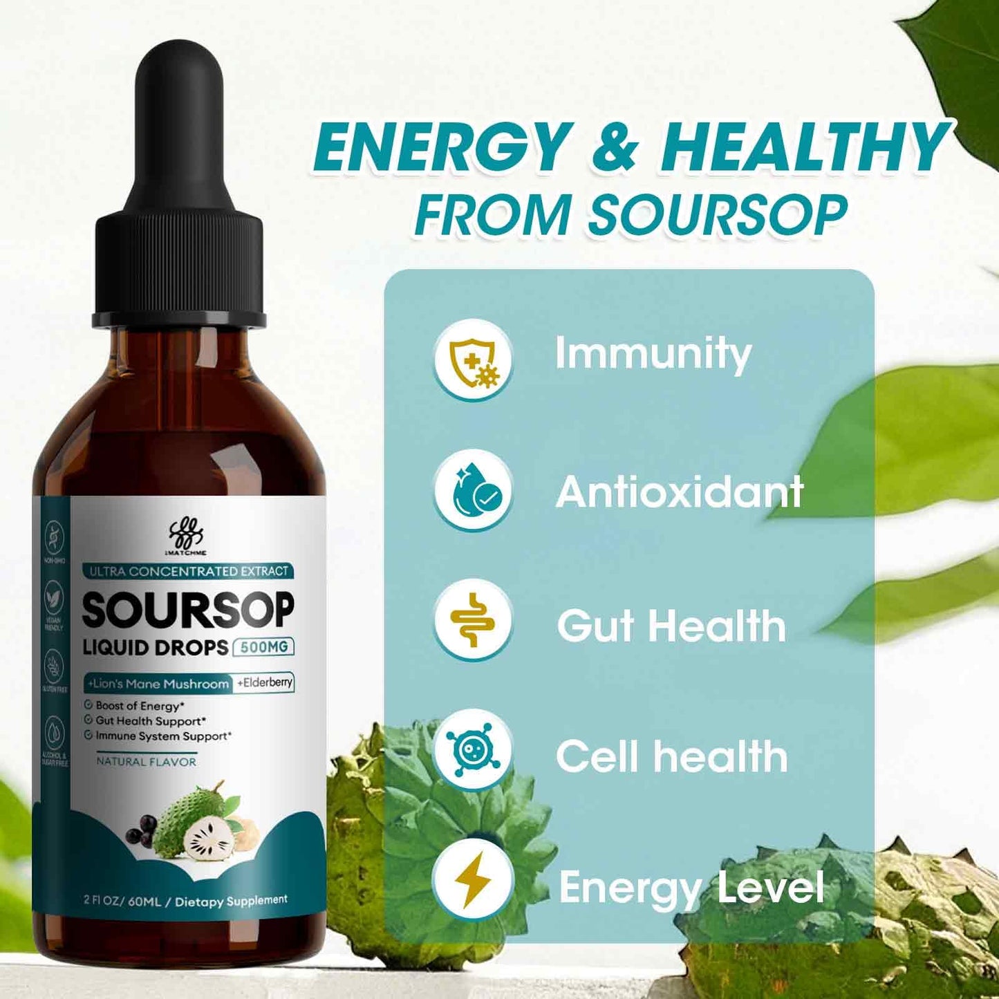 (2 Pack) Soursop Graviola Liquid Drop with Elderberry & Lion's Mane — Immune & Gut Support