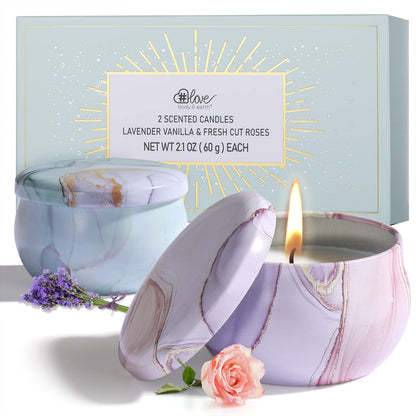 2-Pack Soy Candles Gift Set - Lavender, Vanilla & Rose Scents in Portable Tin Jars
