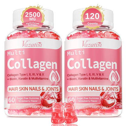 2 Pack Sugar Free Collagen Gummies – Multi-Type Collagen I-V, Biotin & Vitamin C | Strawberry 120 Count