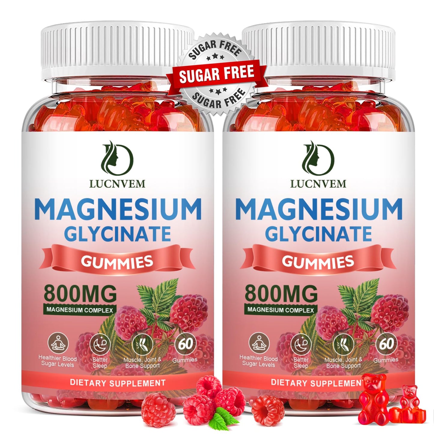 2 Pack Sugar Free Magnesium Glycinate Gummies – 500mg Mg Glycinate + 200mg Mg Malate, Sleep & Calm – 120 Raspberry