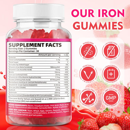 2 Pack Vegan Iron Gummies for Adults & Kids – Vitamin C, B-Complex & Zinc | 120 Gummies