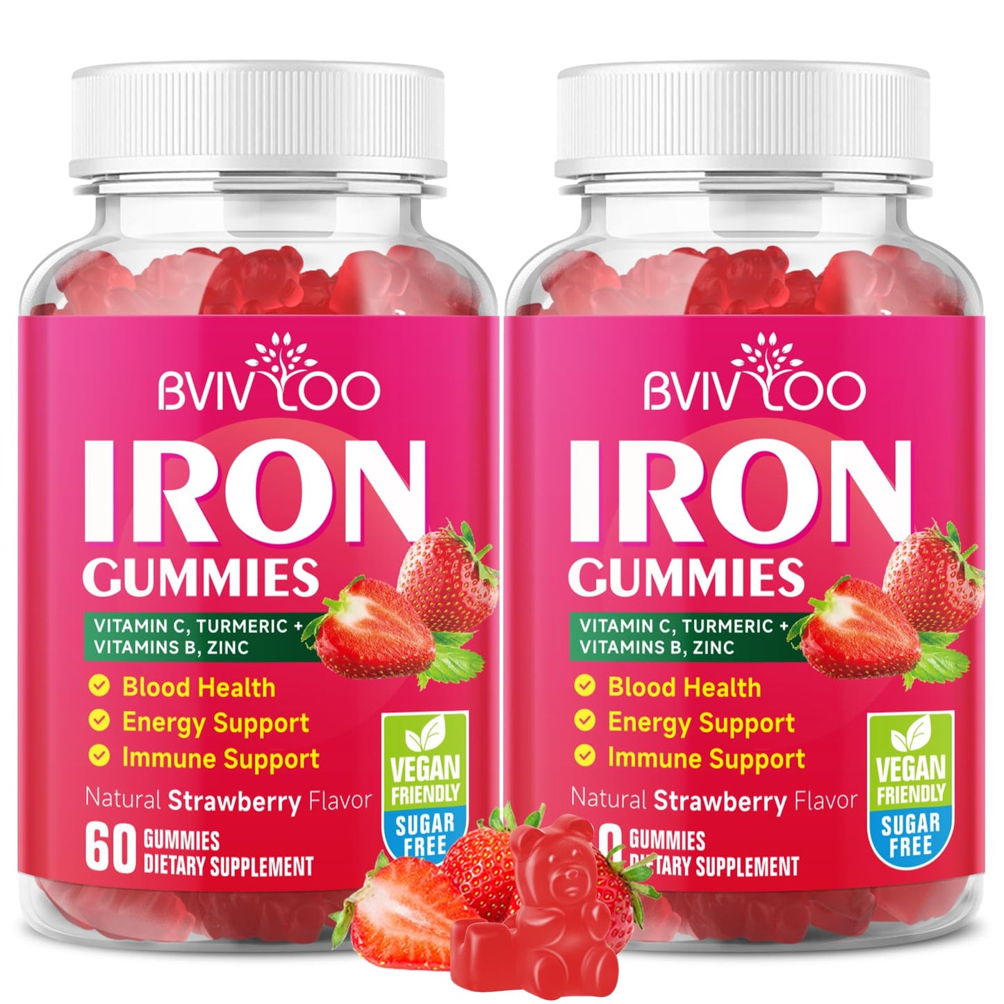 2 Pack Vegan Iron Gummies for Adults & Kids – Vitamin C, B-Complex & Zinc | 120 Gummies