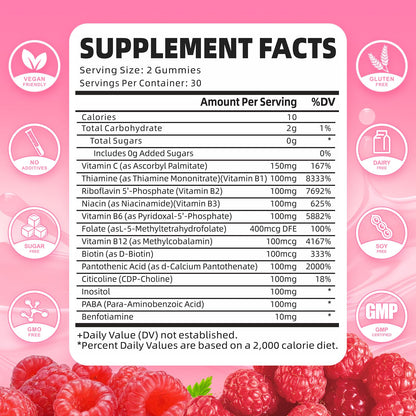 2 Pack Vitamin B Complex Gummies – Raspberry Flavor, All B Vitamins + Methyl B12