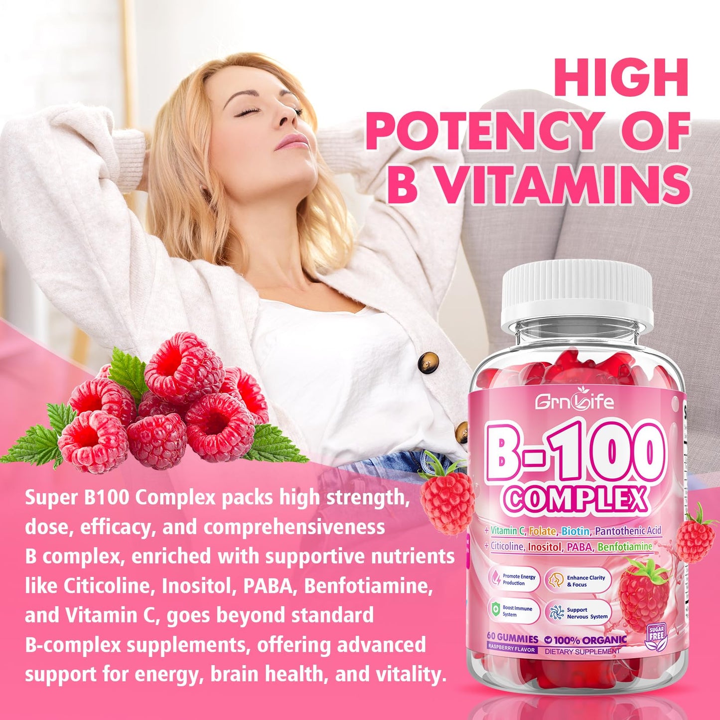 2 Pack Vitamin B Complex Gummies – Raspberry Flavor, All B Vitamins + Methyl B12