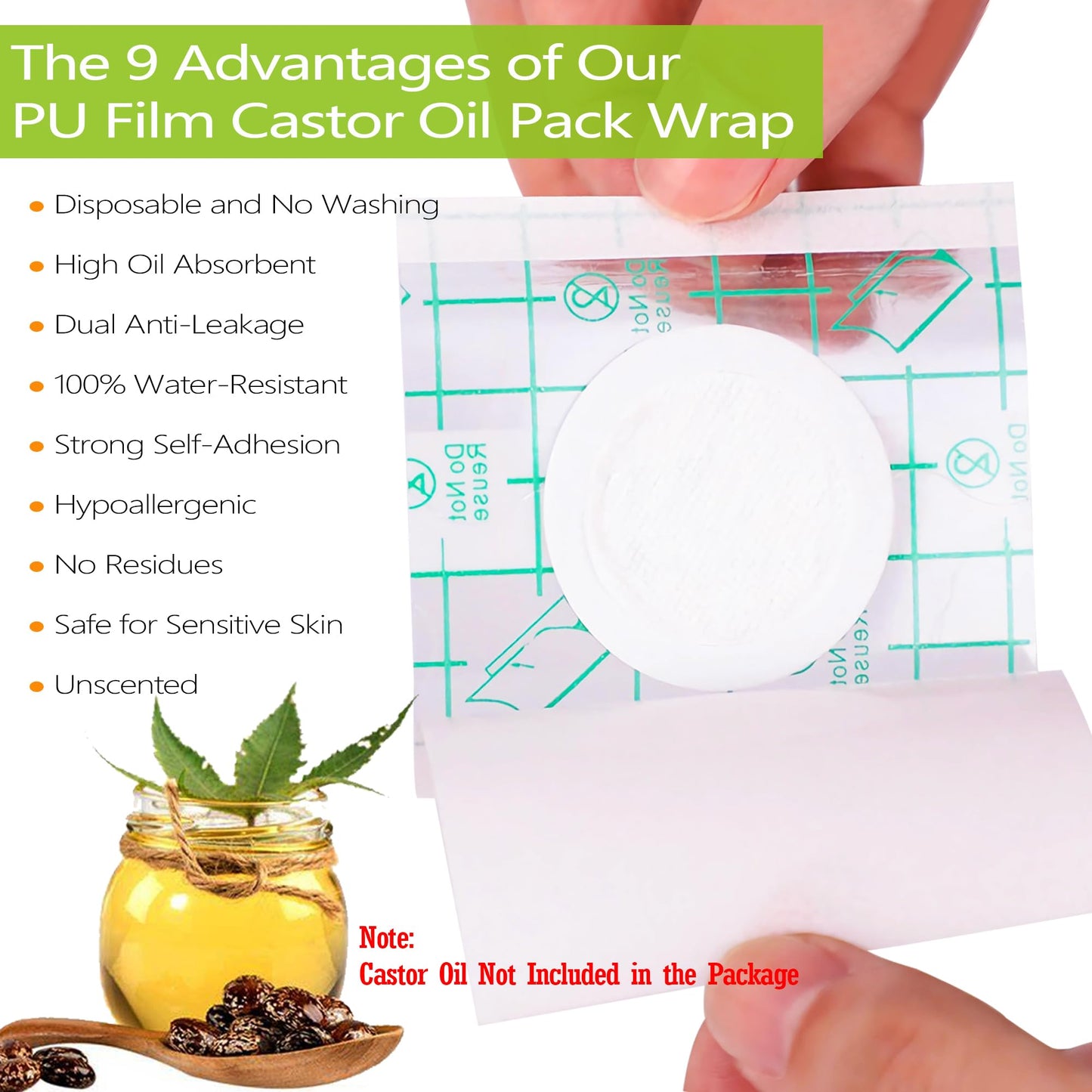 20 Pack Disposable Castor Oil Pack Wraps – Transparent PU Film, 3.2 x 3.2 in, Self-Adhesive, Hypoallergenic