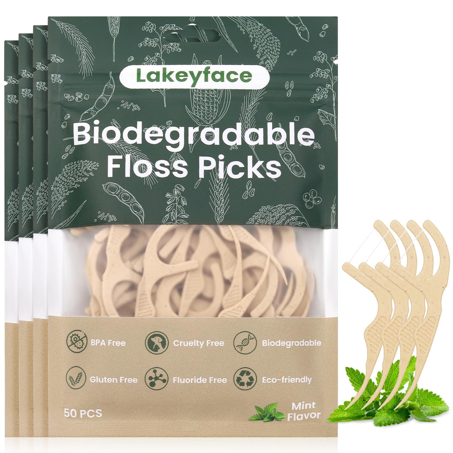 Lakeyface 200 Count Biodegradable Dental Floss Picks – Eco-Friendly Mint