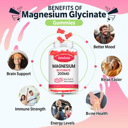 200mg Magnesium Glycinate Gummies – High Absorption Raspberry, 2-Pack (120 Count)