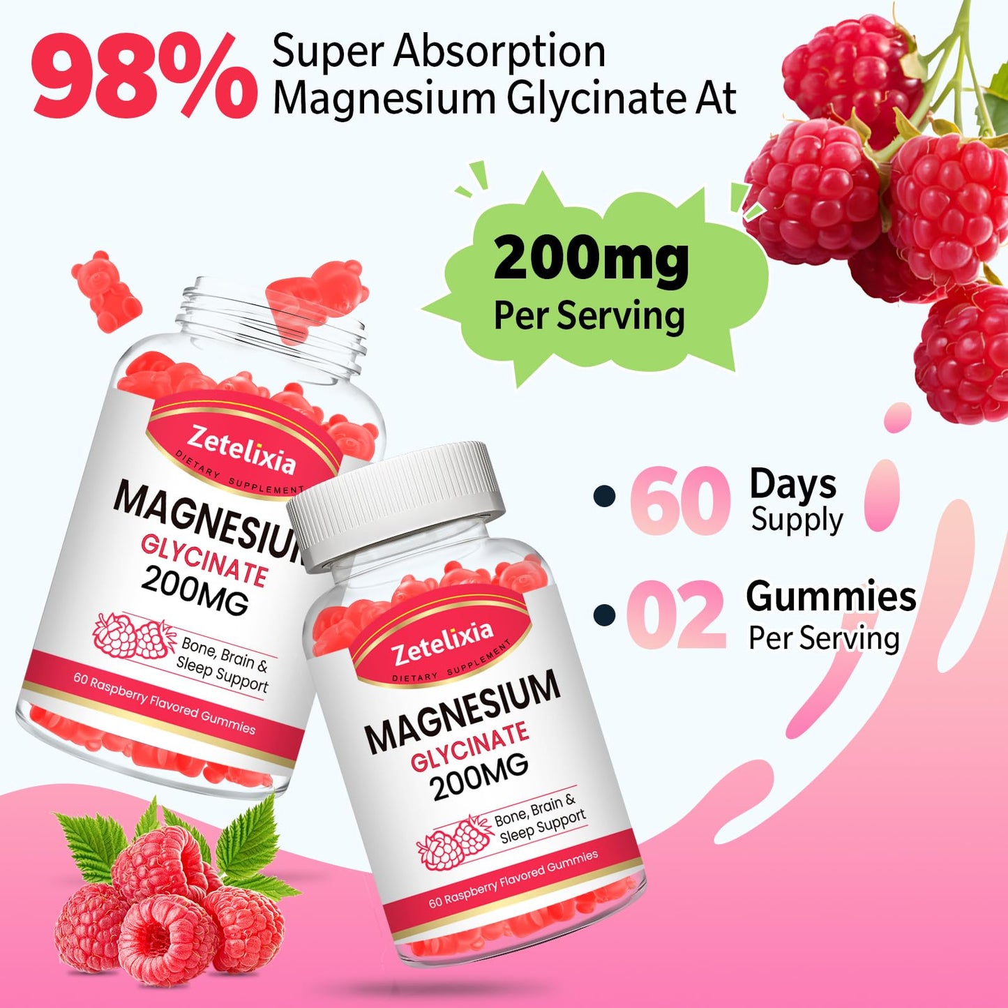 200mg Magnesium Glycinate Gummies – High Absorption Raspberry, 2-Pack (120 Count)