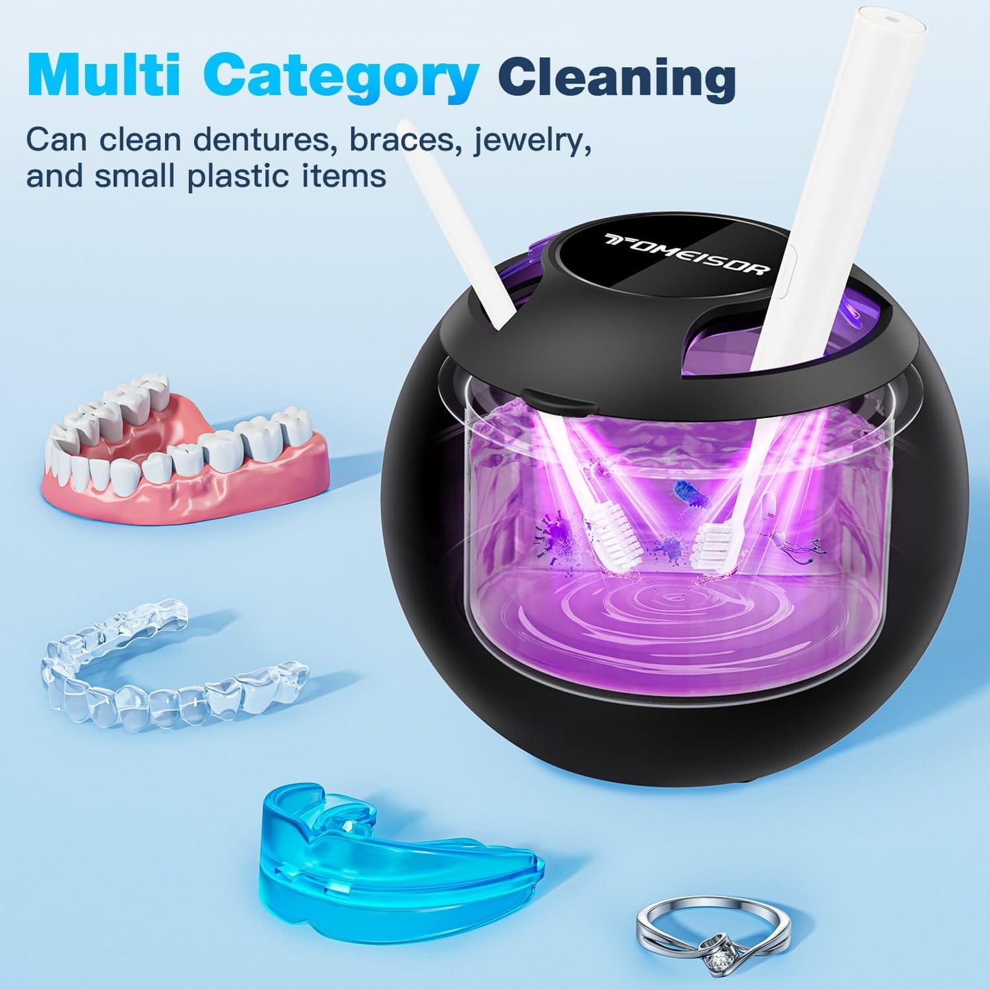 Ultrasonic Retainer Cleaner Machine - 45kHz, 200ml Pod, 3 Modes, Black