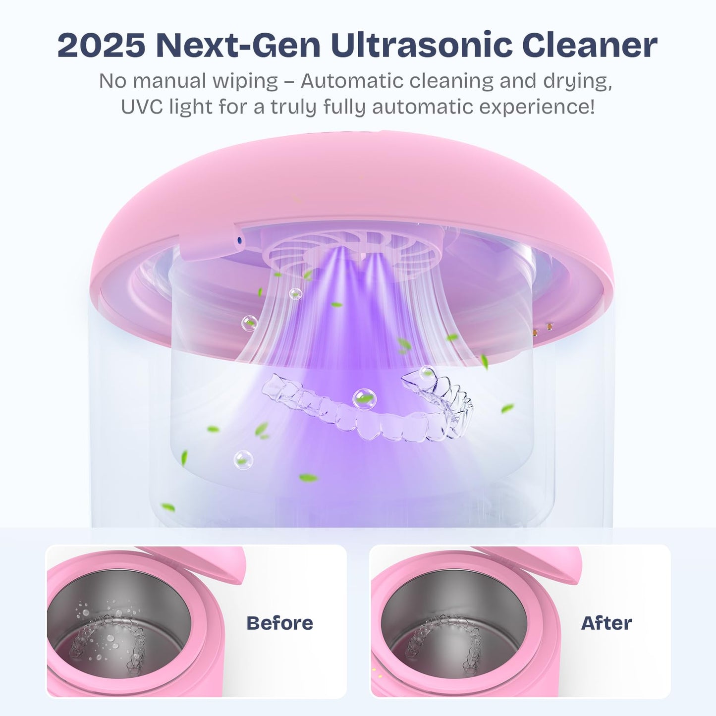 2025 Ultrasonic Retainer Cleaner – 45KHz 25W with Drying, UVC Light, Removable Tank | Pink