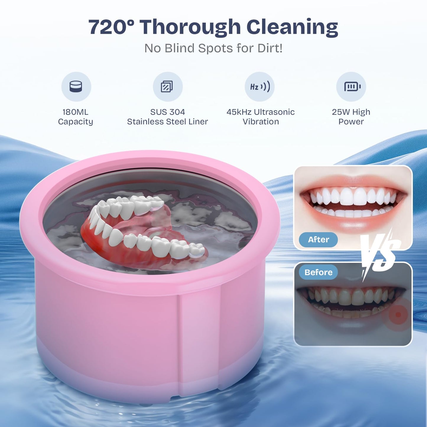 2025 Ultrasonic Retainer Cleaner – 45KHz 25W with Drying, UVC Light, Removable Tank | Pink