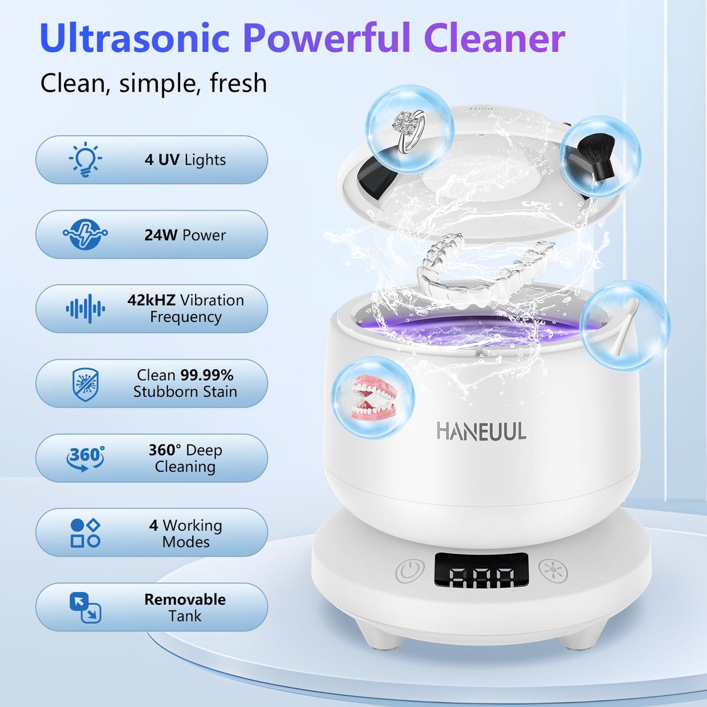 2025 Ultrasonic Retainer Cleaner for Dentures & Aligners | Durable Base (White)