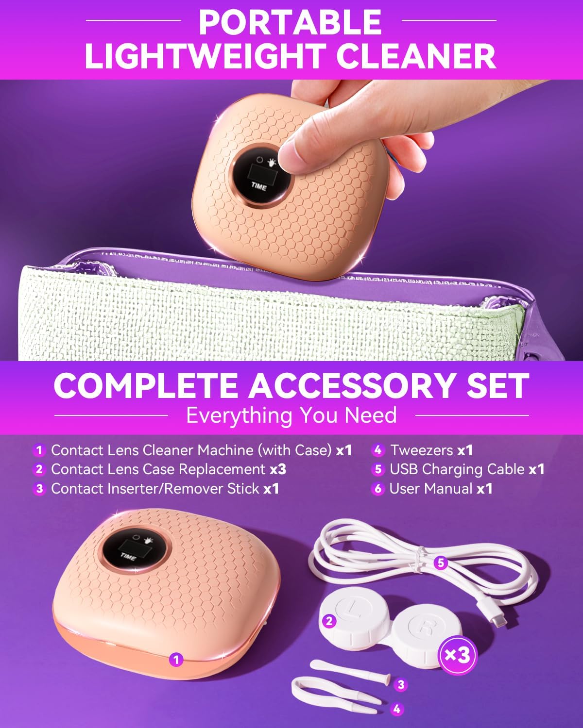 2025 Upgraded Ultrasonic Contact Lens Cleaner – 50KHz German Motor, Smart Modes, Portable Chic Pink