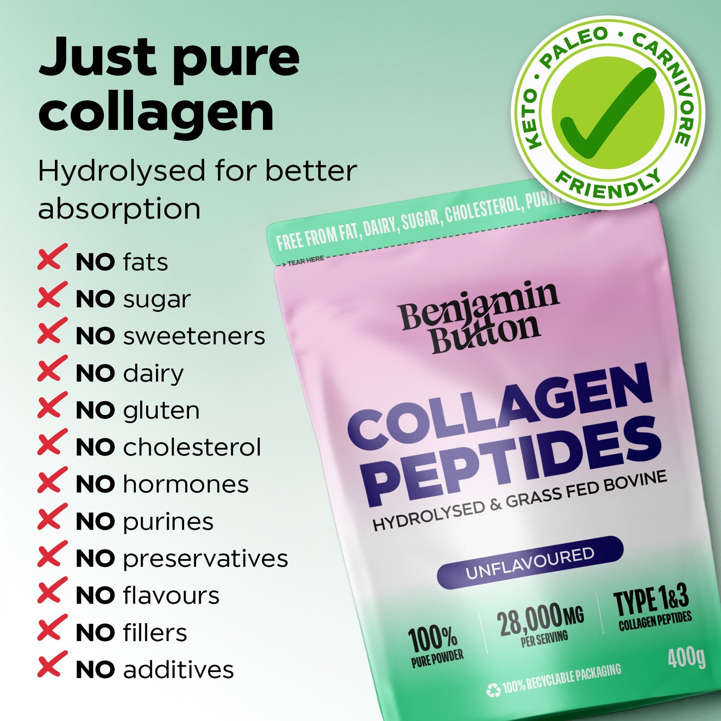 Benjamin Button Bovine Collagen Peptides Powder – 400g – Unflavoured