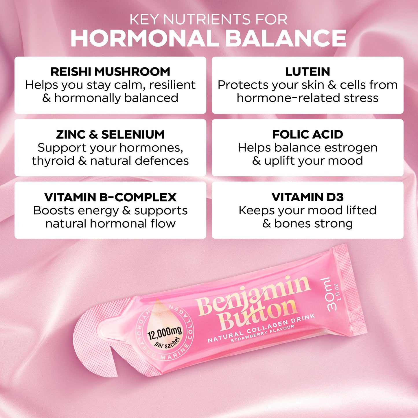 Benjamin Button 12,000mg Marine Collagen Drink - Strawberry Liquid Sachets - 14 Sachets - Perimenopause Support