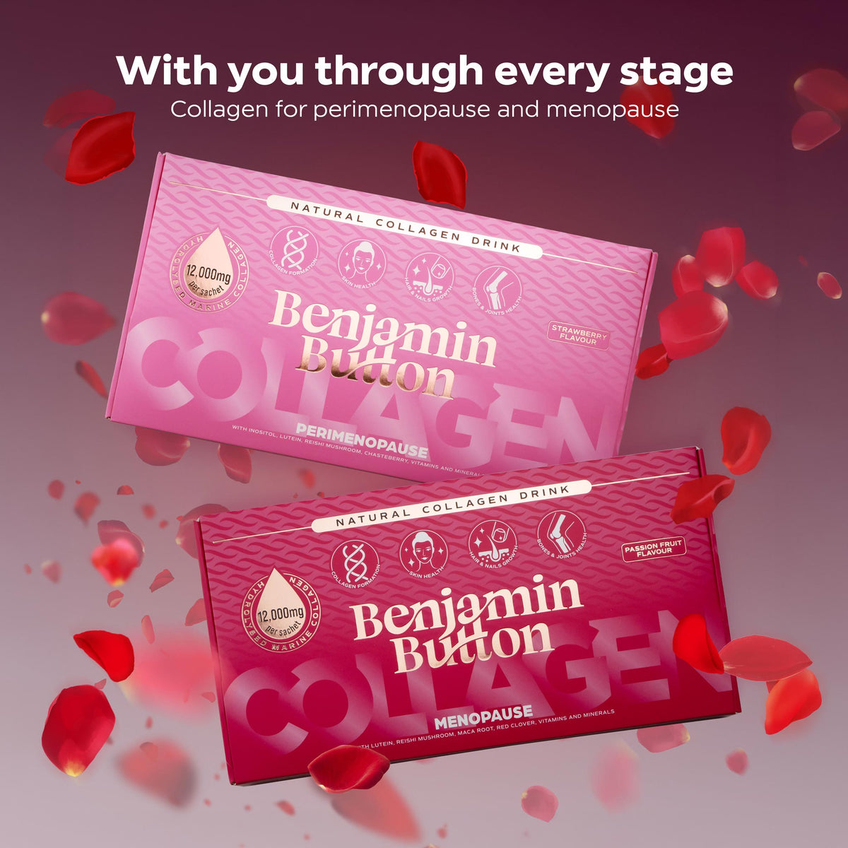Benjamin Button 12,000mg Marine Collagen Drink - Passionfruit Liquid Sachets - 14 Sachets - Menopause Support Benjamin Button