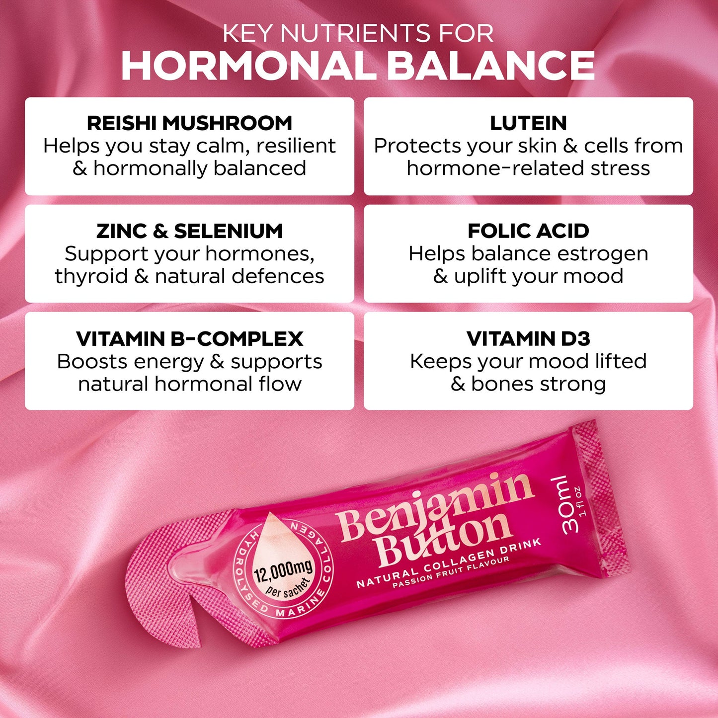 Benjamin Button 12,000mg Marine Collagen Drink - Passionfruit Liquid Sachets - 14 Sachets - Menopause Support