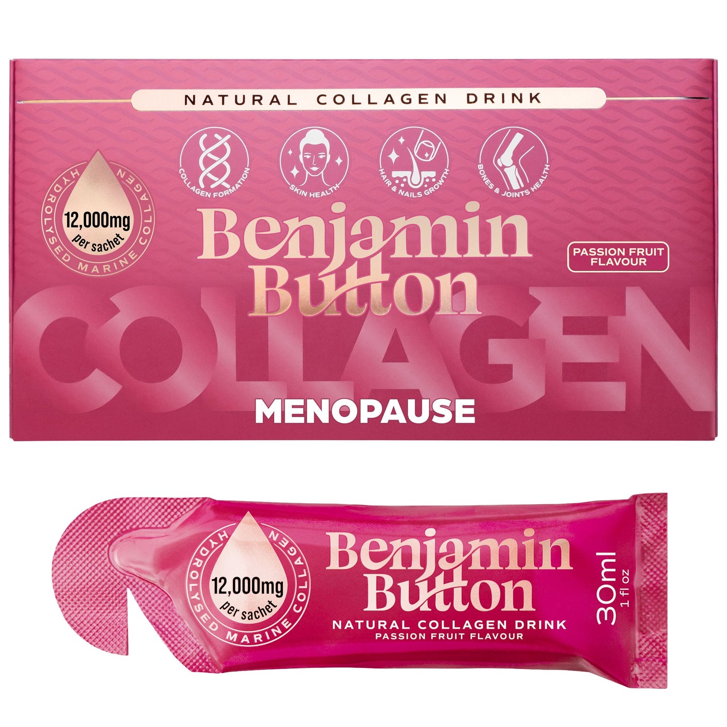 Benjamin Button 12,000mg Marine Collagen Drink - Passionfruit Liquid Sachets - 14 Sachets - Menopause Support