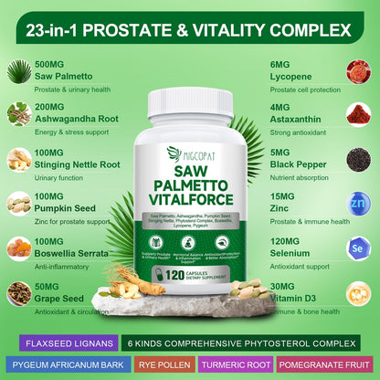 23-in-1 Saw Palmetto for Men – 10,000 mg per Serving Prostate Health Supplement with Ashwagandha, Pumpkin Seed, Stinging Nettle – 120 Caps