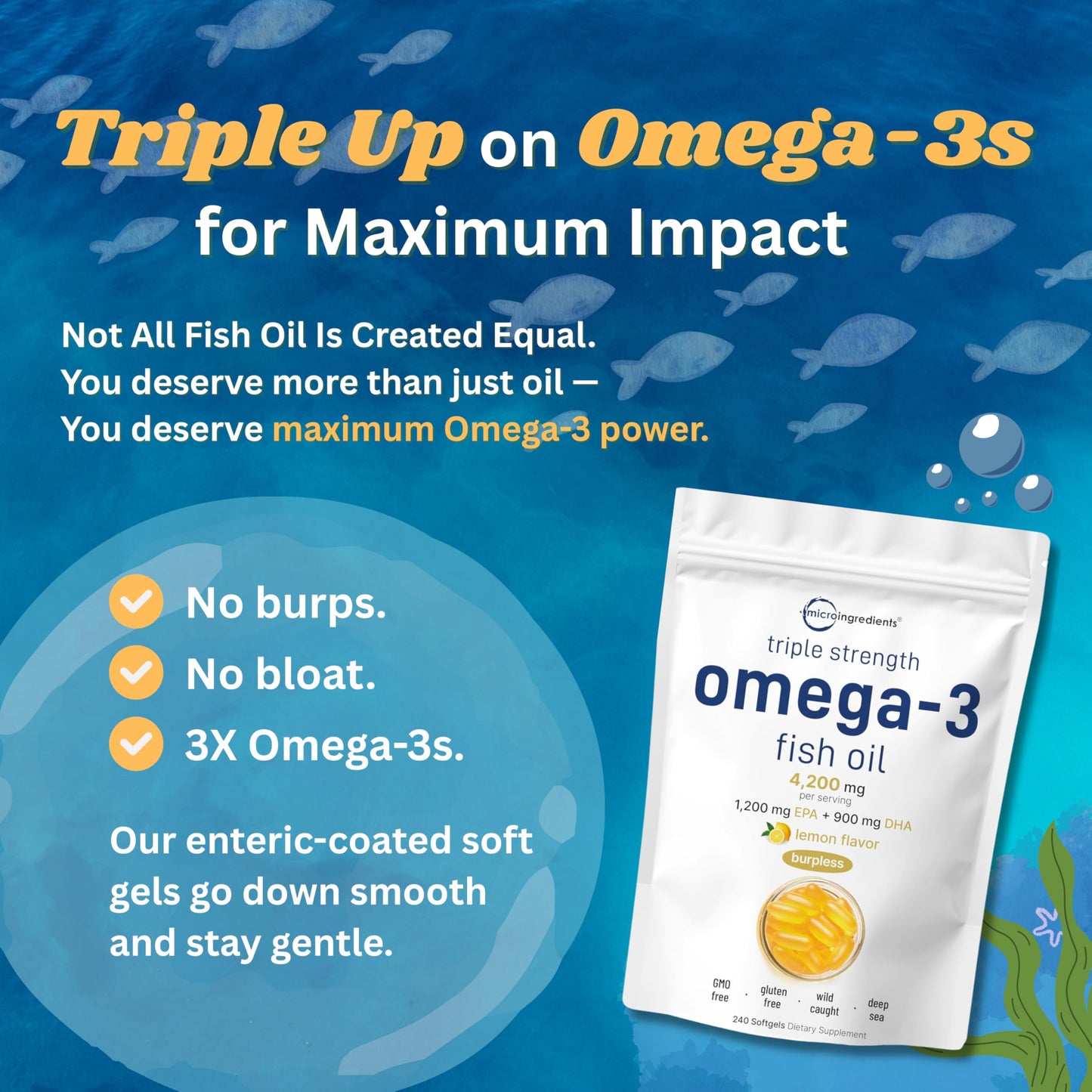 Micro Ingredients Triple Strength Omega-3 Fish Oil – 4200mg/Serving, 240 Softgels (Lemon, Burpless) | EPA 1200mg + DHA 900mg