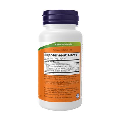 NOW Foods Ginkgo Biloba 60 mg – 24% Standardized Extract, Non-GMO Project Verified, 120 Veg Capsules
