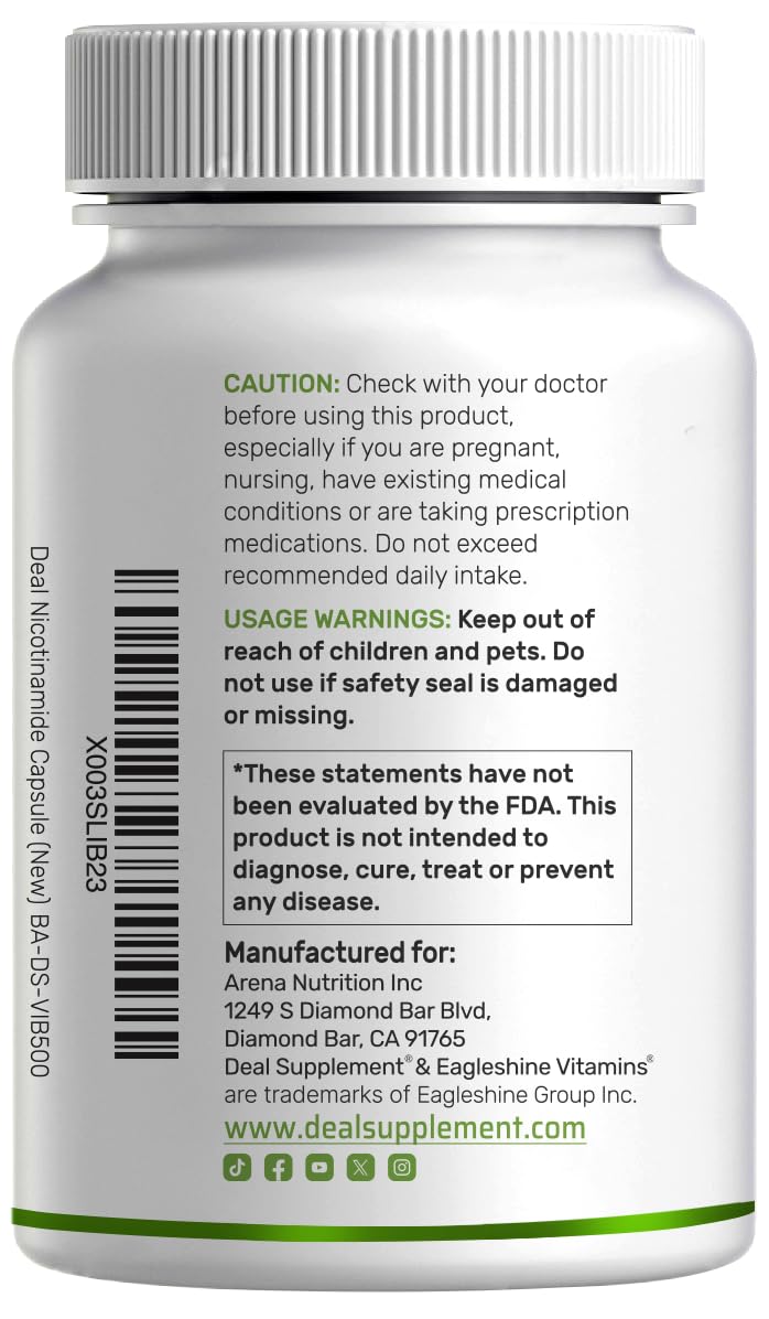 Vitamin B3 Nicotinamide 1,000mg Per Serving – 500 Capsules, Flush Free Niacin, Essential B3 – Supports Healthy Skin & Energy Production – Non-GMO