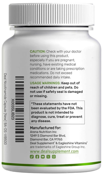 Vitamin B3 Nicotinamide 1,000mg Per Serving – 500 Capsules, Flush Free Niacin, Essential B3 – Supports Healthy Skin & Energy Production – Non-GMO