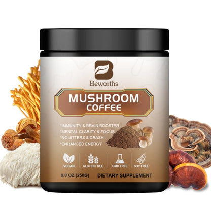 250g Mushroom Coffee - Lion's Mane, Reishi, Cordyceps & 10-Mushroom Power Blend | Low-Caffeine Brain Booster