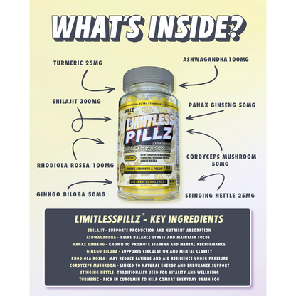 LimitlessPillz™ – 8-in-1 Shilajit Complex with Ashwagandha, Panax Ginseng, Rhodiola, Turmeric, Ginkgo, Nettle & Cordyceps Mushrooms PILLZ CO.