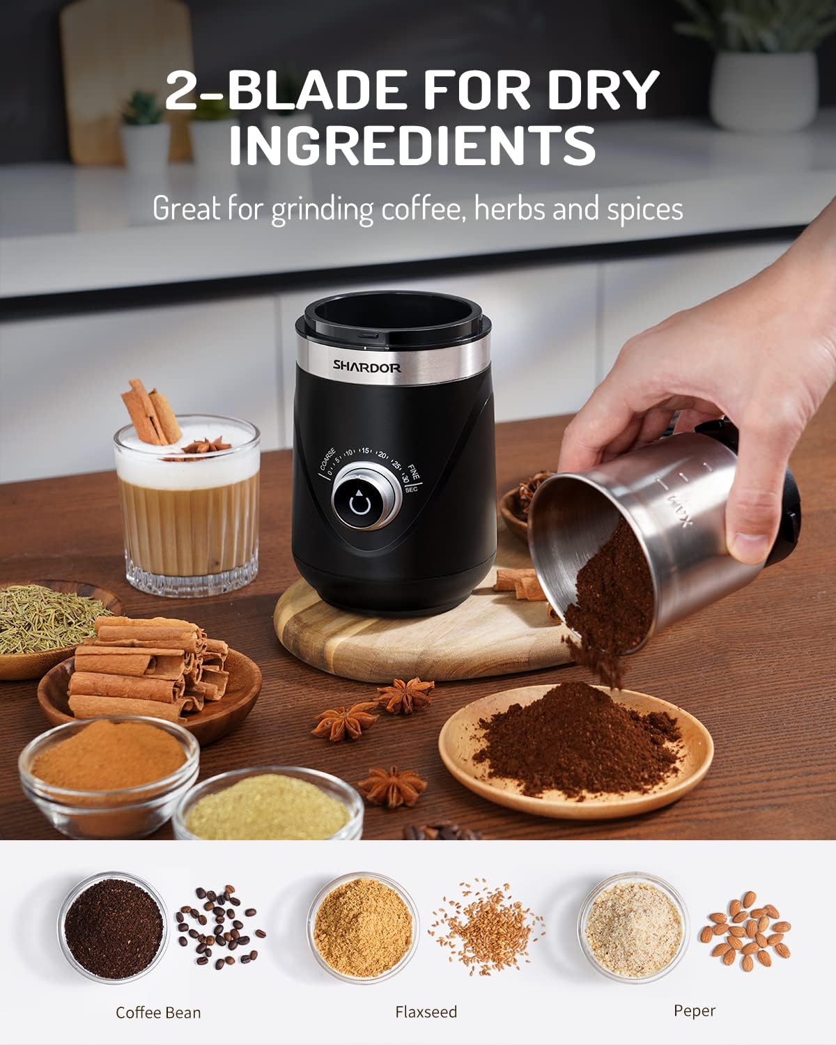 Coffee Grinder Electric 70g with 2 Stainless Steel Cups Spice Nuts SHARDOR