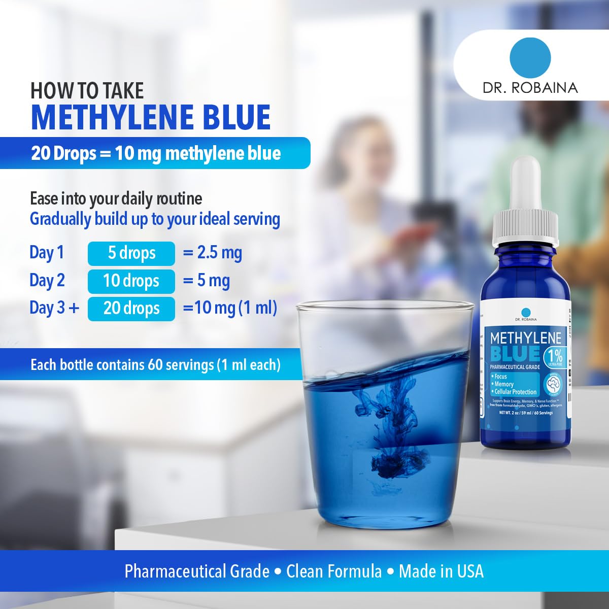 Dr. Robaina Methylene Blue 1% USP Grade – Focus & Mental Clarity Drops (2 oz, USA)