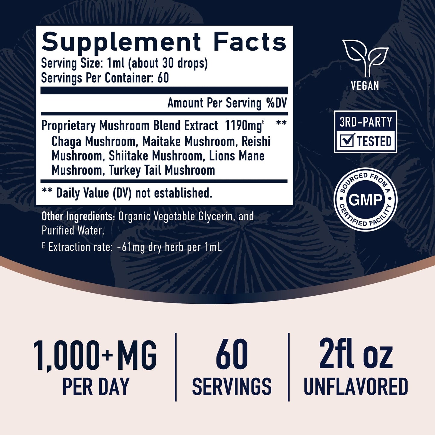 Mushrooms Liquid Drops Complex | Lions Mane & Turkey Tail | 2 Oz, 60 Servings | Non-GMO, Soy-Free