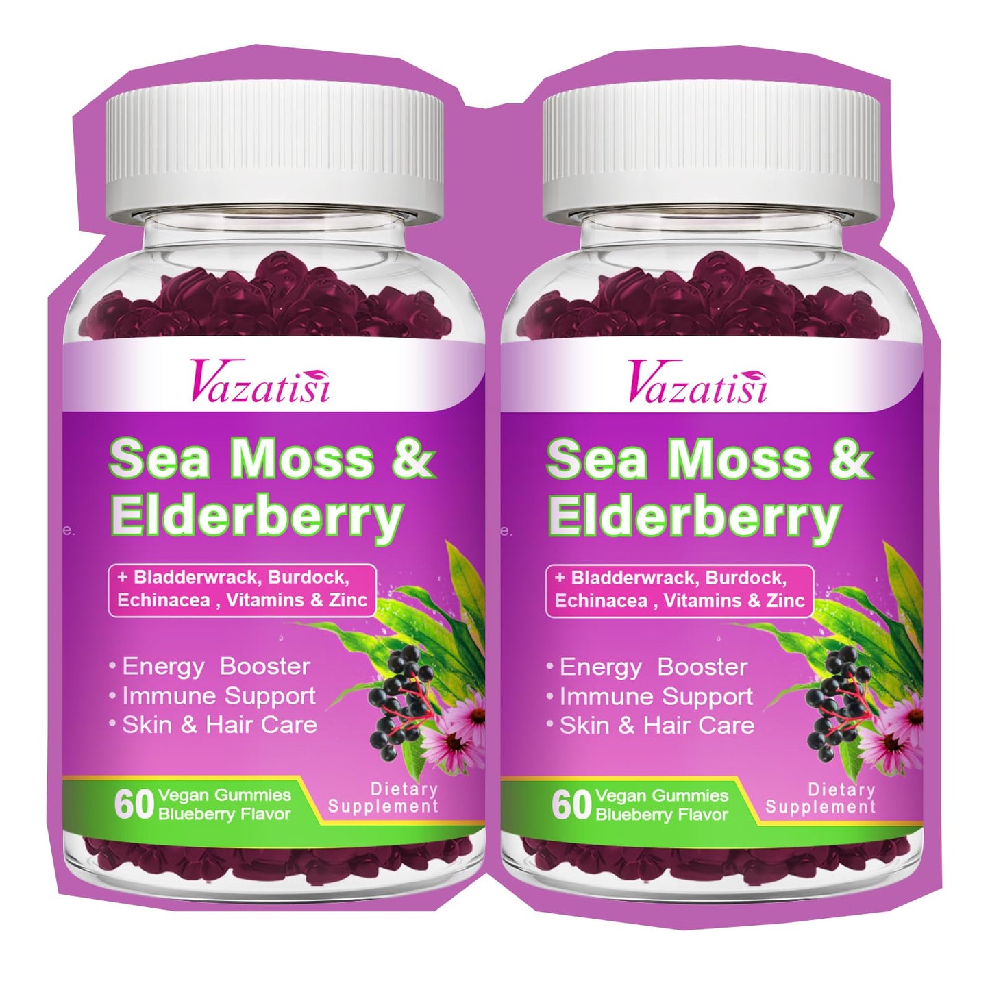 2 Pack Elderberry Gummies with Sea Moss – Extra Strength Immune Support, Vitamin C & Zinc, Blueberry Flavor, 120 Count