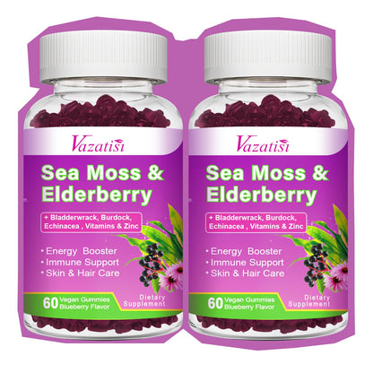 2 Pack Elderberry Gummies with Sea Moss – Extra Strength Immune Support, Vitamin C & Zinc, Blueberry Flavor, 120 Count