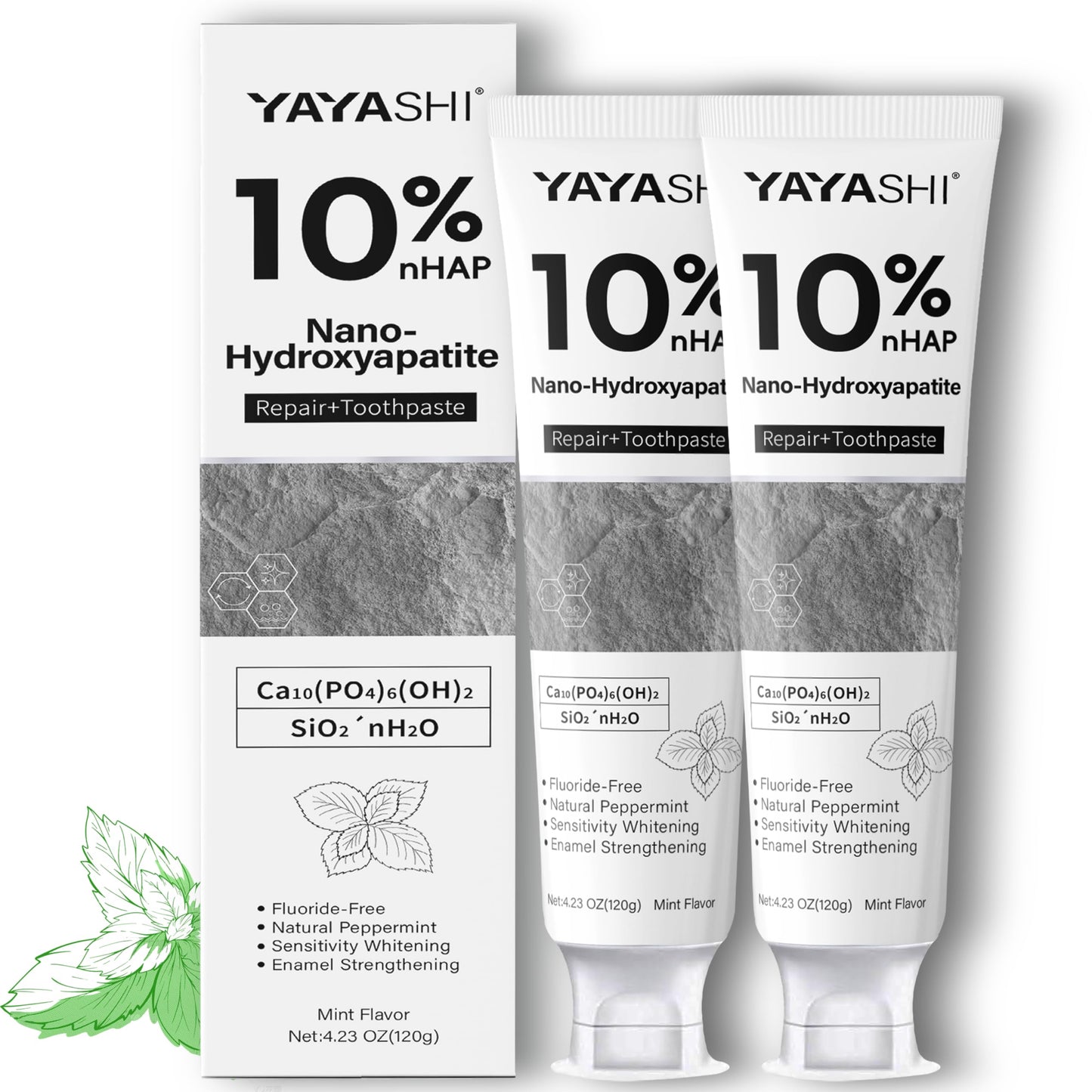 2PCS Hydroxyapatite Toothpaste 10% — Fluoride-Free, Gentle Mint, 4.23oz (2 Pack)