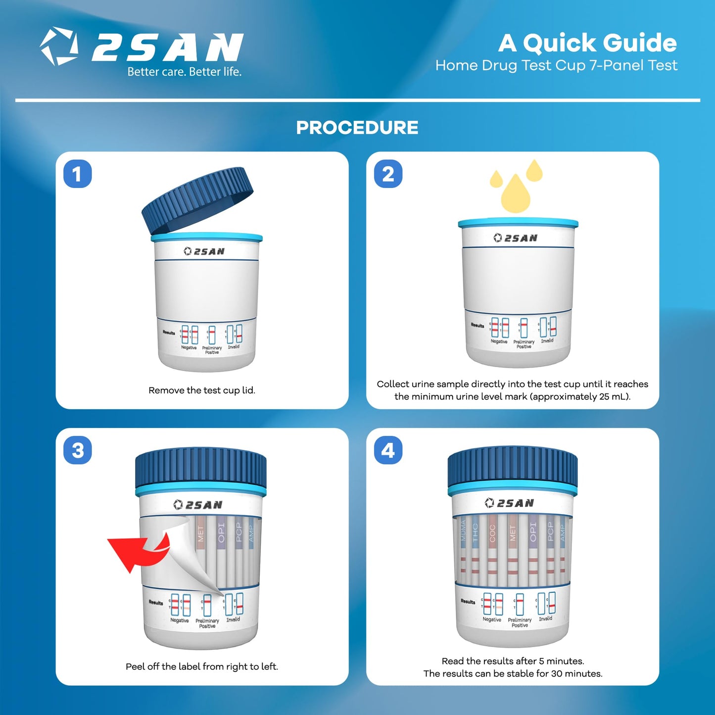2San 7-Panel Drug Test Cup – 5-Min At-Home Results (THC, COC, MET, OPI, AMP, MDMA, PCP)