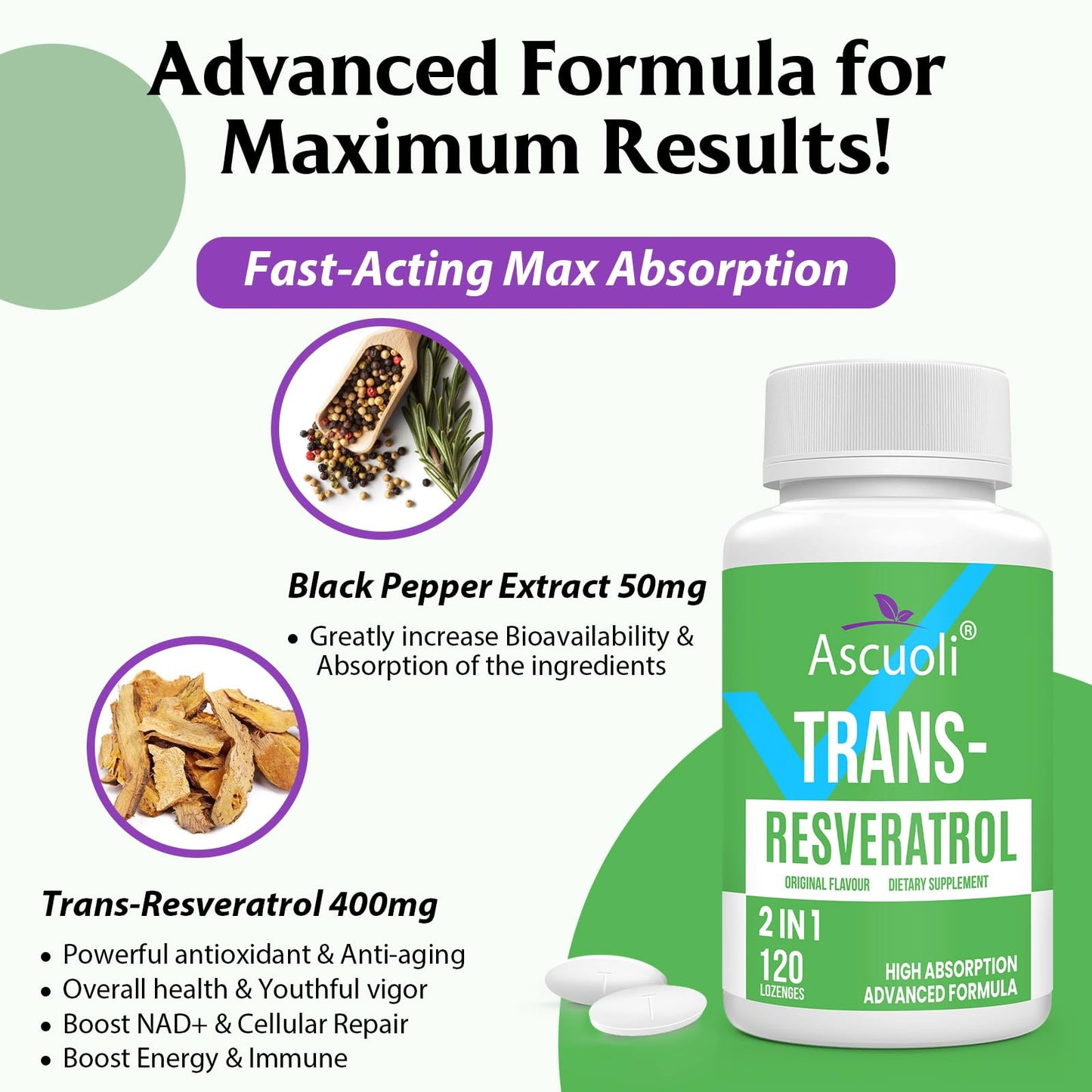 Sublingual Trans-Resveratrol Purity 99% – 3-in-1 NAD+ Boost, Immune & Energy Support | 120 Lozenge
