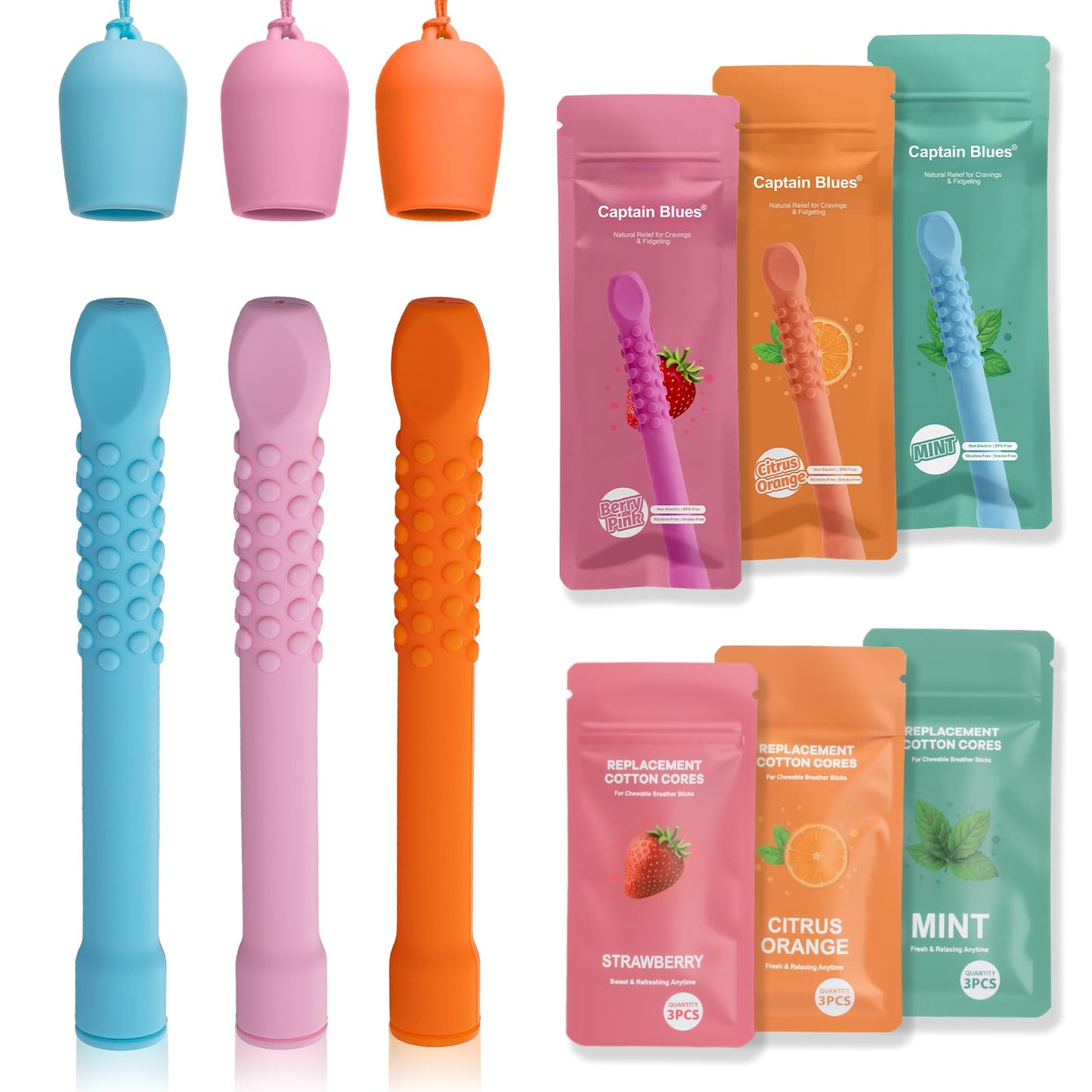 3 Pack Chewable Silicone Aroma Sticks with Essential Oils – Stress Relief & Fresh Breath (Multicolor)