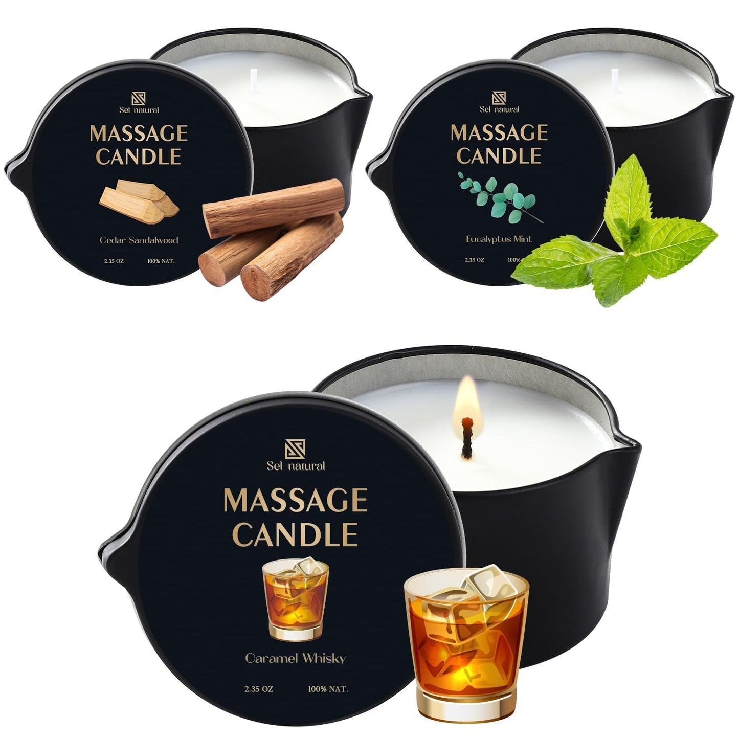 3 Pack Massage Oil Candles 2.35oz – Eucalyptus Mint, Cedar Sandalwood, Caramel Whisky