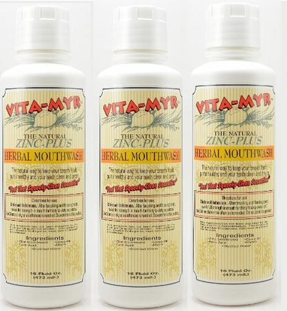 3 Pack VITA-MYR 16 oz Herbal Zinc-Plus Mouthwash – Gluten Free & Vegan, No SLS, No Sugar, No Fluoride, No Alcohol, No Saccharin