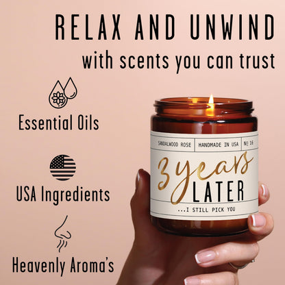 3 Year Anniversary Gift for Her – 3 Years Later Candle, Sandalwood Rose (USA Made)