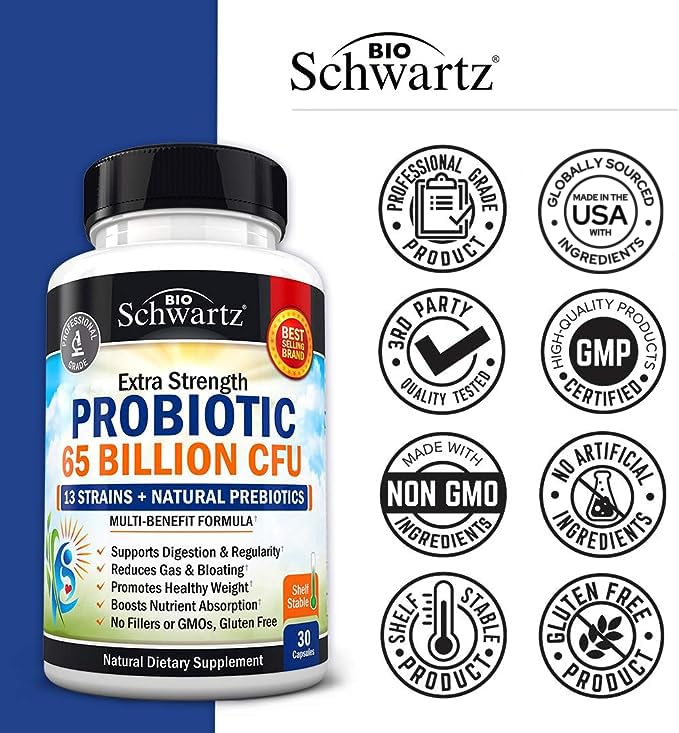 Probiotic 65 Billion with Prebiotic – Digestive Health Capsules (30ct) | Lactobacillus Acidophilus