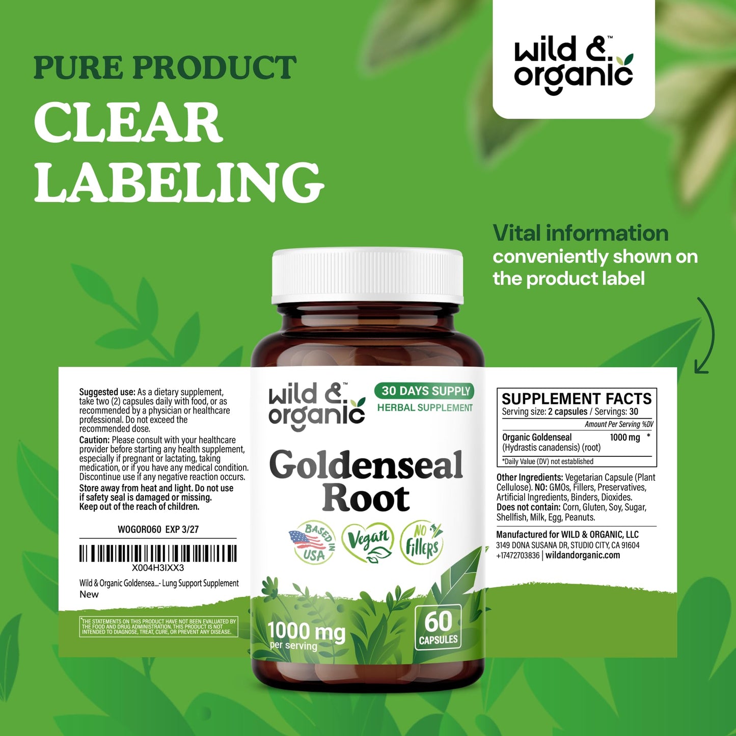 Wild & Organic Goldenseal Root Capsules 1000mg – Immune & Lung Support (60 capsules) – Vegan, Non-GMO